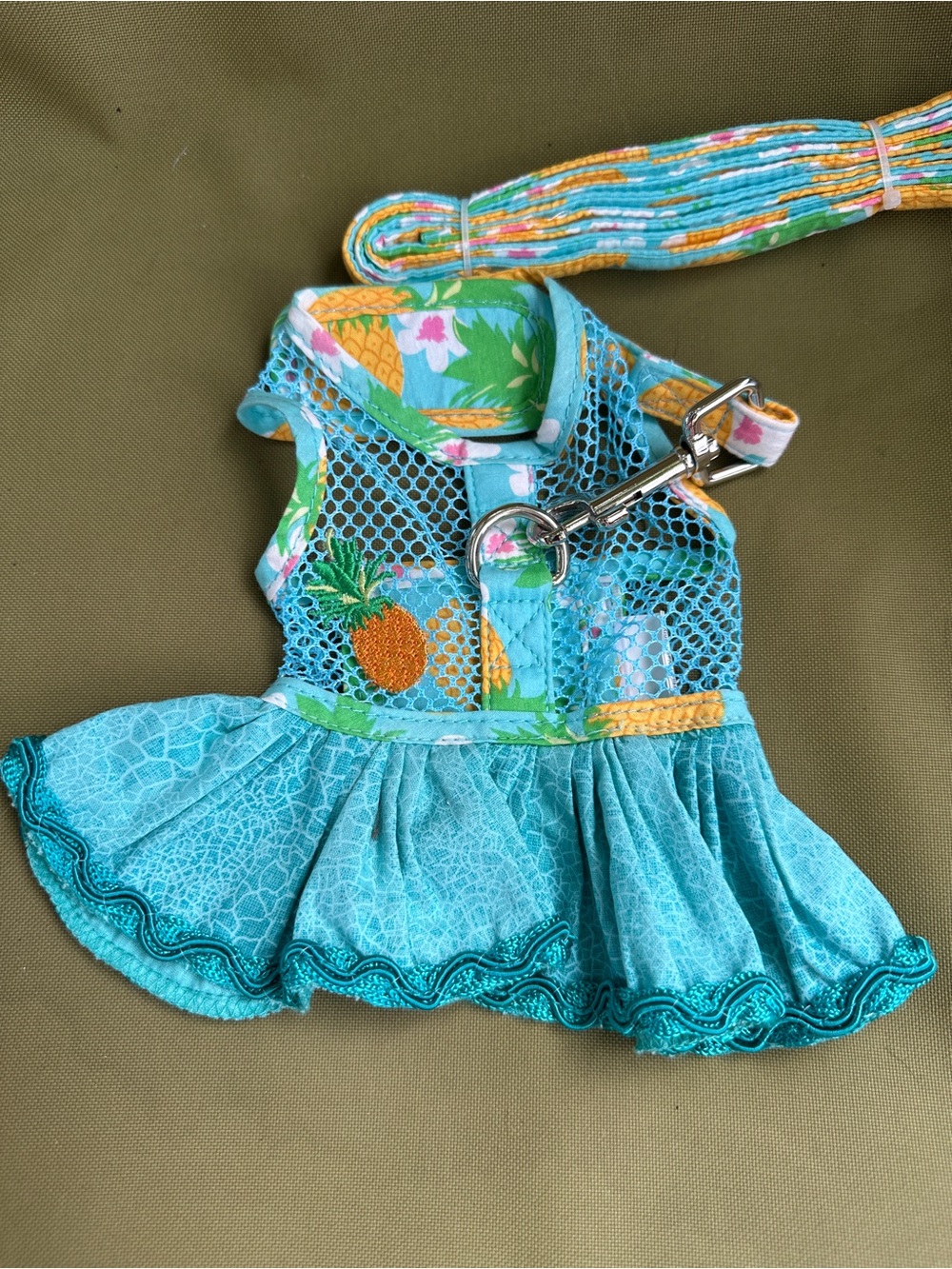 Turquoise Pineapple Pet Dress Harness with Matching Leash